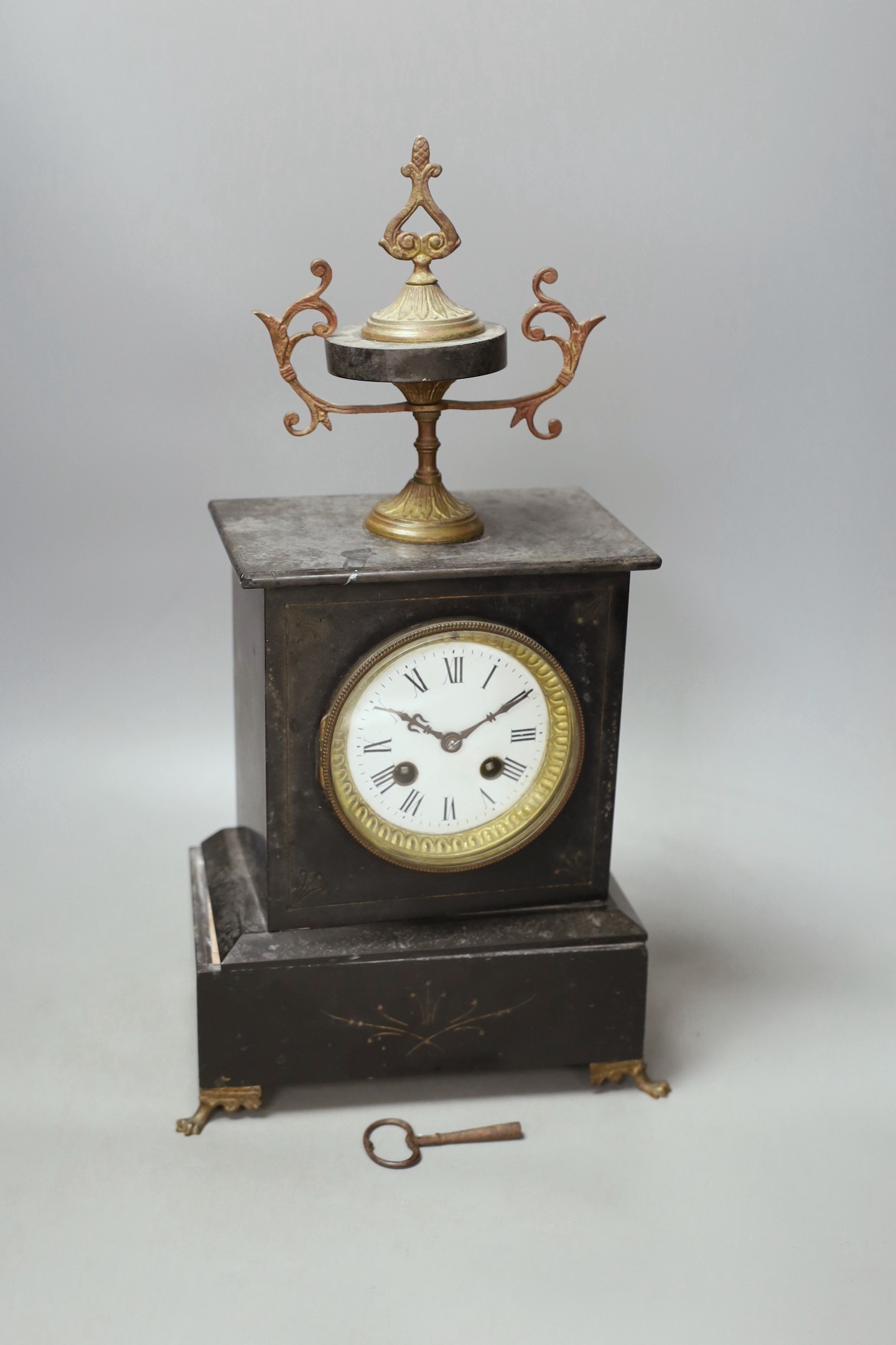 A Victorian black slate mantel clock - 41.5cm tall